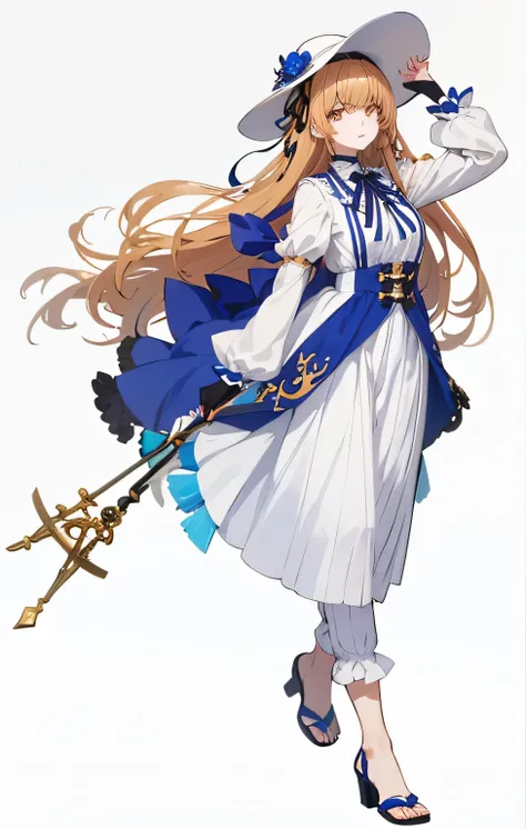 mahiru, long hair, brown hair, brown eyes,She wears a large white hat with blue accents and an elegant black ribbon. Her outfit has a fantasy-style design, combining white and blue colors with gold accessories and a sapphire gemstone on her neck. 