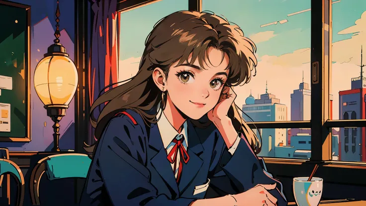 TOP QUALITY, 8k, 1980s Style,1980s hairstyles,  one young woman,  Lantern,  long hair,  light brown eyes , Roffy,  school uniform, She relaxes and smiles, meal, Cafe Time, 