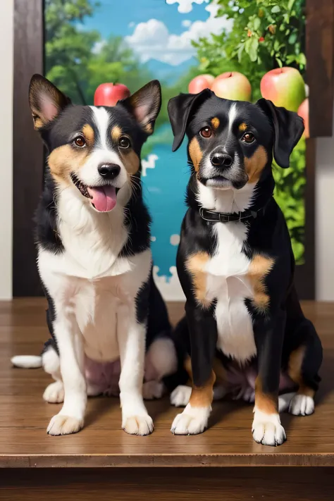 there is a  puzzle piece with a picture of Two dogs and an apple, a jigsaw  puzzle by Julia Pishtar, Pexels,  photorealism,  puzzle art, Two dogs,  puzzle, Tree Prints ,  on wooden table ,  on a wooden desk,  realistic style , Realistic painting,  high qua...