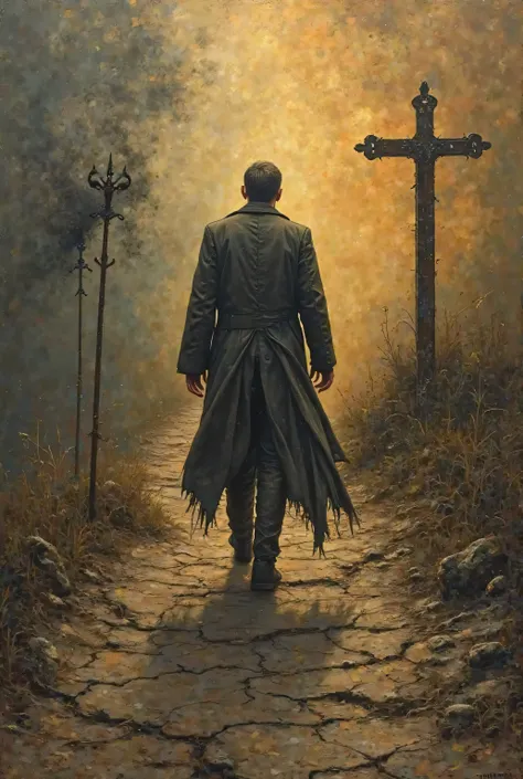 "A man in a tattered long coat (torn at the hem) walks a thorny road, back to the viewer, divided composition:  
- **Left Side:** A rusted iron tridian (three-pronged spear) plunged into cracked earth, surrounded by faint shadow and tendrils of black smoke...