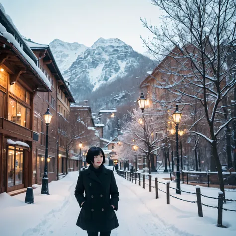 A woman with short black hair walking in a winter park