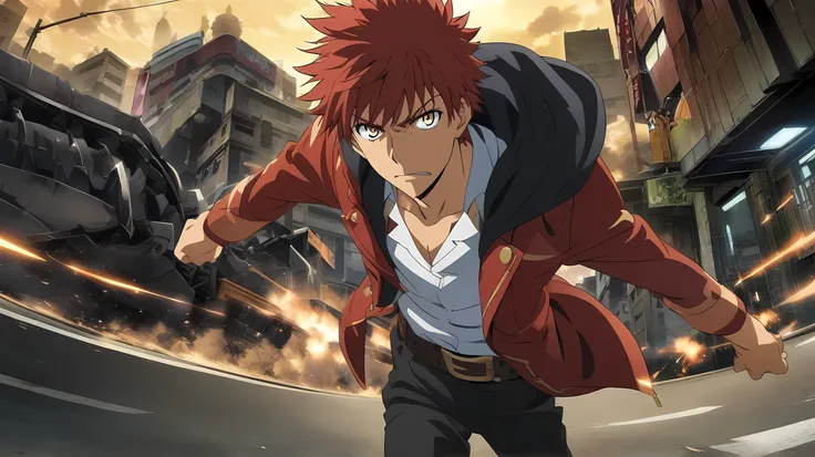 Anime Style, 1Male, Red hair, Gold eye, Red Jacket, Black outfit, Leather Belt, Claw gear, handsome, Boys,  toaru Majutsu No Index style, Hero, Illustration , HD, Road Rolling Background