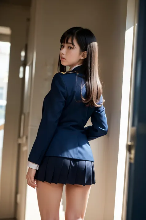  school staircase background (((Girl in Uniform who looks back and only turns her face))),, beautiful feet,Black hair with bangs, navy blue pleated micro mini skirt,((Wear dark blue high socks and sneakers)),(((the back of a plain navy blue blazer as seen ...