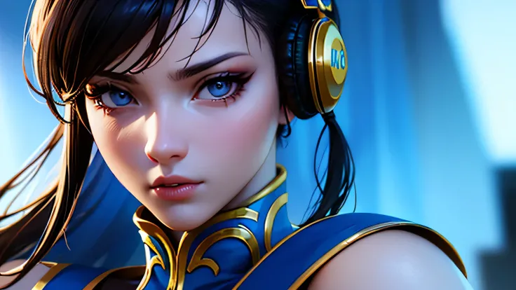 a chun-li character with headphones,extremely detailed face and eyes, beautiful detailed lips, long eyelashes, detailed hair, beautiful detailed expression, detailed clothing, detailed background, photo realistic, 8k, highres, masterpiece, hyper detailed, ...