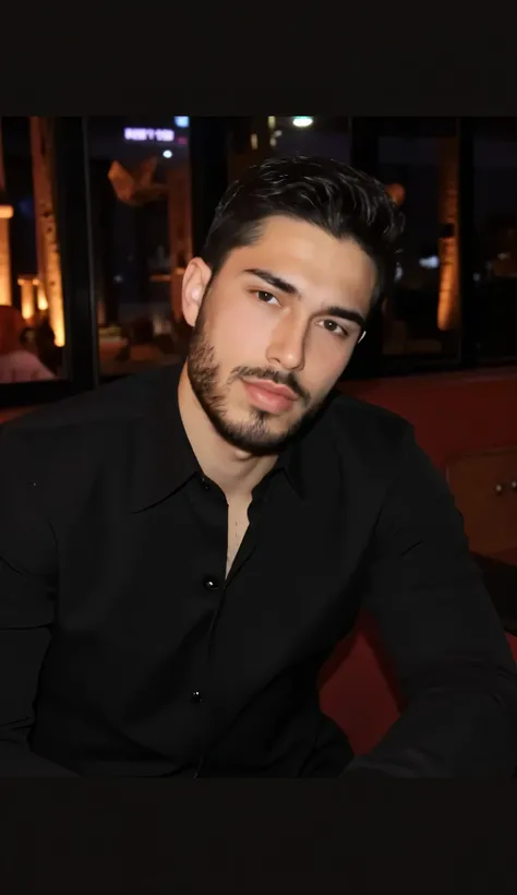 a young handsome turkish guy with muscle, dark short hair buzzcut and goatee beard amateur photo random picture he is in front of a audi he wearing a striped elegant suit in black and has very much muscles amateur its night amateur photo with his friends ...