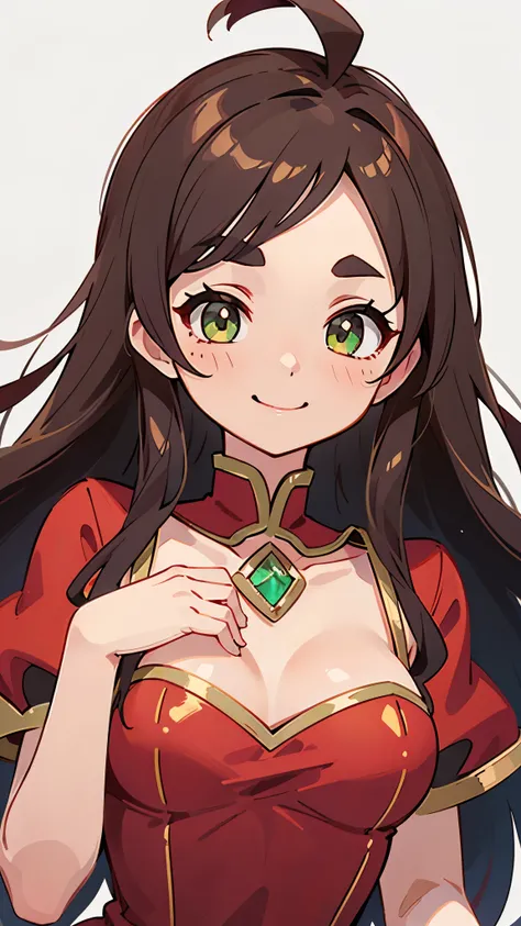  one girl 、solo、 Gold、long hair、Vertical roll hairstyle 、 emerald eyes、 thick eyebrows、smile、 red dress 、upper body close-up focusing on chest、simple background on infecti