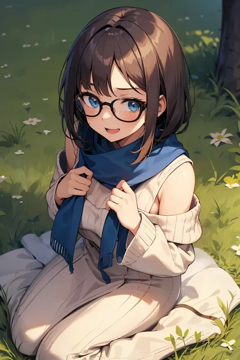 A young anime girl with bright blue eyes and a playful, mischievous smile sits in a grassy field, viewed from a high-angle perspective. She wears oversized round glasses and a loose, cozy knit sweater. A blue scarf is wrapped around her neck, gently flutte...