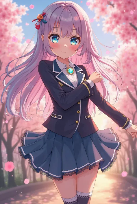 Create a vibrant and expressive anime-style illustration of a age girl with a unique and captivating design. She has long, flowing hair that transitions from soft pastel pink at the roots to a gradient of lavender at the tips. Her large, sparkling eyes are...