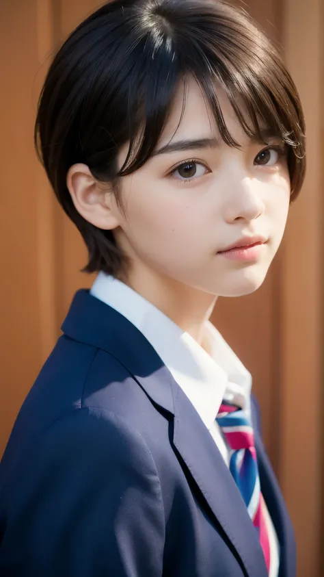 cute、  middle school student 、,  blazer,  tie,  shortcut hair ,  hairstyles are boyish style ,   Girl&#39;s facial expression ,   mysterious and cool impression
I was slender,   slender back  、    Clean nose with a low bridge of the nose  、  Sharp Chin   、...