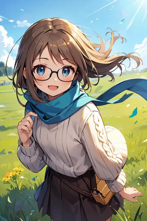 A young anime girl with bright blue eyes and a playful, mischievous smile sits in a grassy field, viewed from a high-angle perspective. She wears oversized round glasses and a loose, cozy knit sweater. A blue scarf is wrapped around her neck, gently flutte...