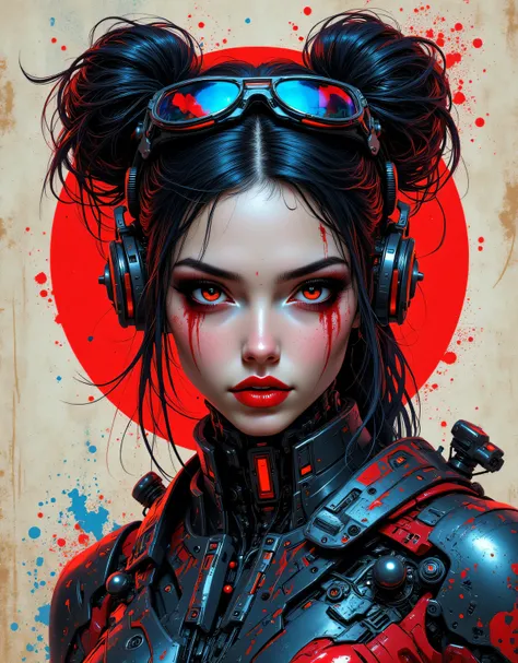 8k,  masterpiece ,  superior quality design, surreal portrait,  female face , Cyberpunk aesthetics,  head glasses ,  red and blue color scheme ,  Paint splash effect,  dramatic eye makeup , [ bold red lips , mechanical neck pieces ,  Futuristic head prop ,...