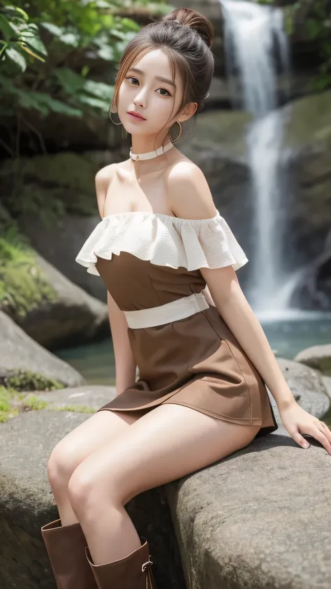  tanning:1.5、 off shoulder 、High waist、Gal clothes、( TOP QUALITY, 8k, masterpiece,  RAW photos : 1.3), Beautiful Korean Women , A toned and well-trained body、 earrings, Thin Bracelet, whole body,  Highly detailed faces and skin tones、 beautiful eyes,  by N...