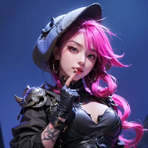 woman、( red eyes),((Pose where you put your right index finger on your mouth))、 nihilic laugh、 Accessories, purple eyeshadow,Tattoo on arm,Spines on the shoulder