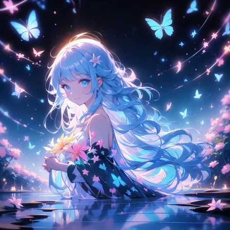 Mysterious、 Fantastic、best details、TOP QUALITY、Greatest Masterpiece、Super Detail、 High precision、 masterpiece、smile、 anime girl with long white hair, dark green hair、可愛い anime girl with long white hair、smile、((Plumeria))、many chrysanthemum、Fractal Art、Gwai...