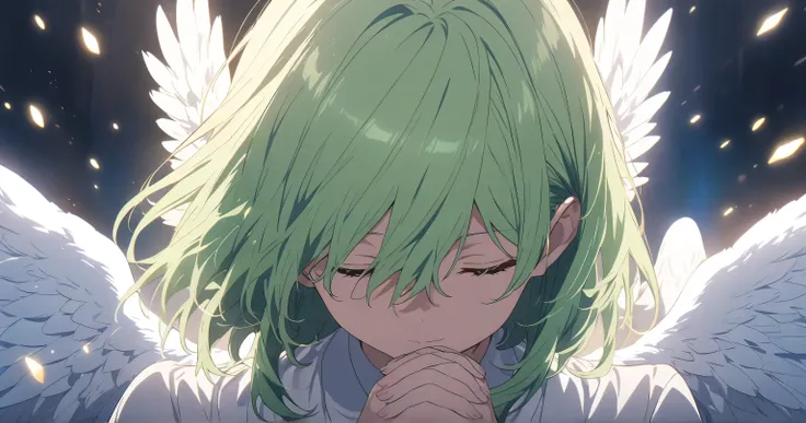 Asahi Tenkai　Long feathered angel with green hair　 Fantastic　Anime anime keyvisual, Alone, upper body, front view, praying hands,