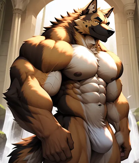 PRO competitive bodybuilder, nj5furry, (German Shepherd. massive, huge, muscular, Gigachad), (((((Naked, nude)))))  German Shepherd, YOUNG FACE, , ((extremely realistic shadows, masterpiece, extremely detailed, photorealistic)), kemono, looking at the view...