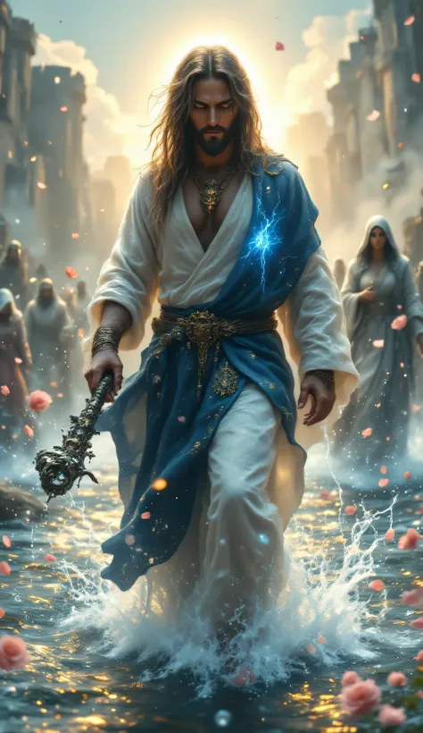 "A hyperrealistic image of Jesus Christ walking on the waters, with detailed and realistic features on his face, hair and clothes . Your expression conveys serenity and compassion, and he looks softly forward. The water around his feet presents subtle ripp...