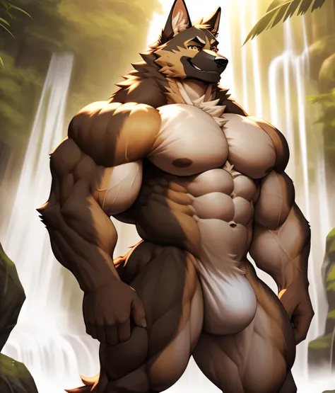 PRO competitive bodybuilder, nj5furry, (German Shepherd. massive, huge, muscular, Gigachad), (((((Naked, nude)))))  German Shepherd, YOUNG FACE, , ((extremely realistic shadows, masterpiece, extremely detailed, photorealistic)), kemono, looking at the view...