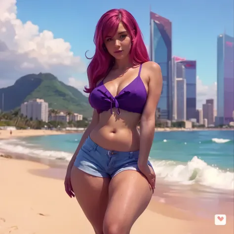 A stunning digital model, Moranguinho, seen from behind as she walks into the ocean at Balneário Camboriú during sunset. Her vibrant pink hair flows freely, slightly damp from the sea breeze. She wears a stylish bikini, highlighting her curvy figure, with ...