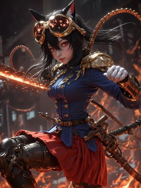 Realistic game, beautiful and cool, Cat ears, (Wear gold precision goggles over your head:1.35), An older sister with a cold-hearted expression, Jet Black Hair,  red eyes,  blue military uniform, red skirt,  fishnet tights,Purgatory Fire, white gloves, fla...