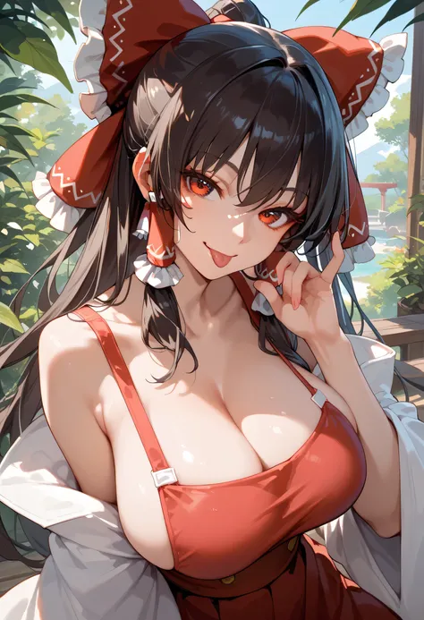 Reimu Hakurei, smile,  ( big breasts:1.2),   Her eyes are focused on 。is sticking out his tongue, 