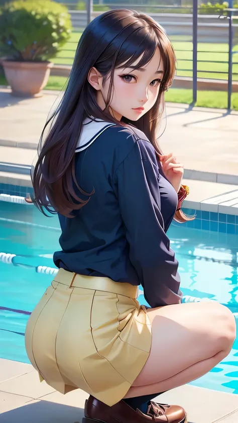 Alaf asian girl in a skirt and shirt at the pool, a hyper realistic high school girls , hyper realistic high school girls ,  beautiful anime girl squatting,   Beautiful Anime High School Girl  , bewitching anime girls, beautiful and charming anime ,  reali...