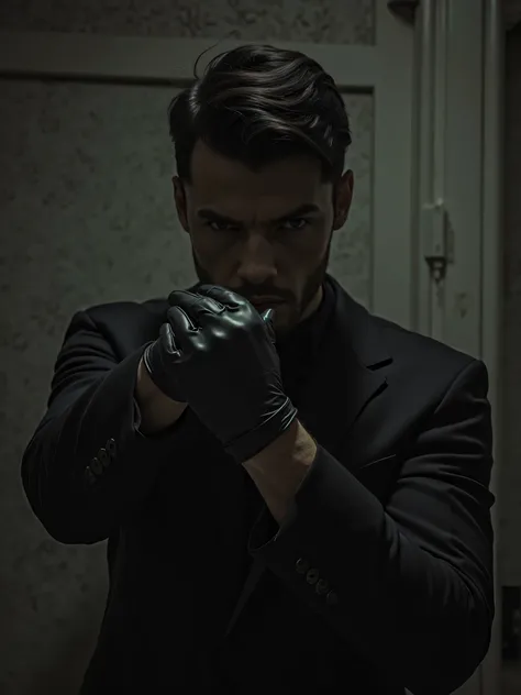 Give me that image: dark and minimalist that is from Suspense and Peril. From a dark and minimalist psychopath. From the seventies. Super attractive Mexican male. with gloves.  in your hands. Format 9:16. HD

