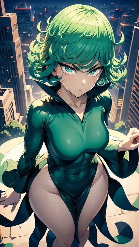 Tatsumaki ,  The dynamic positions have a golden part , fragile physique, street,   floats in the air  , close up portrait, stands leaning towards the ground,  beautiful , White nurse&#39;s coat,  short skirts,  the breasts fall out from under the tunic , ...