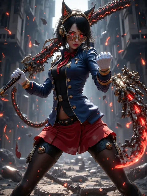 Realistic game, beautiful and cool, ((Cat ears:1.2)), (Wear gold precision goggles over your head:1.35), An older sister with a cold-hearted expression,  Well-groomed Face, beauty,Cool adult ,Jet Black Hair,  red eyes,  blue military uniform, big-breasted ...