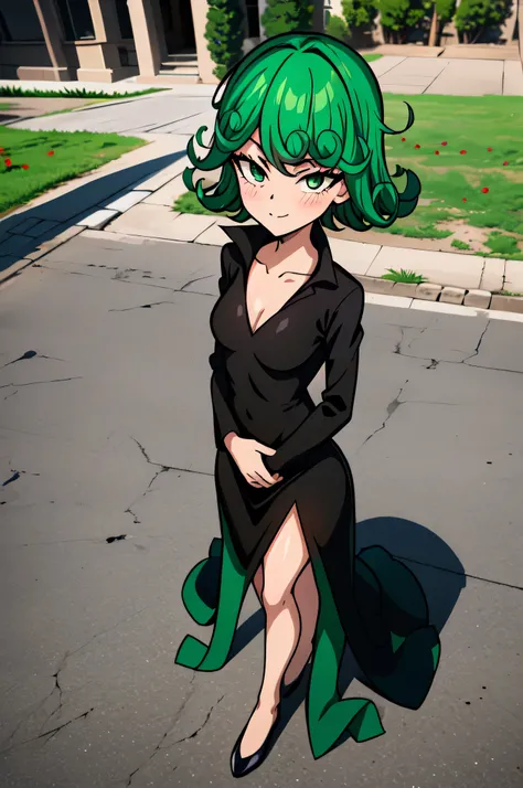 absurdres,  highres,  ultra detailed, Tatsumakitornado,  short green hair,  Curly hair, black dress of the Sun, outdoor,  green eyes  ,full body ,looking up at the spectator,  blushed ,Standing, smile, holding red roses 