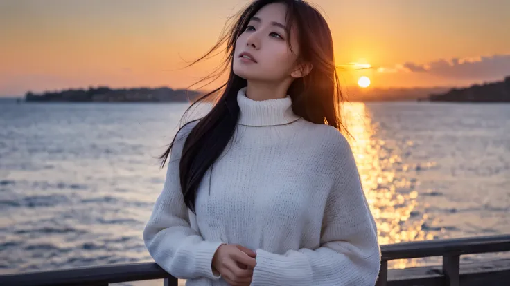 ((correct body structure)), (detailed face, Detailed eyes), Japanese woman thinking about winter,  Expression of Sadness, Cream-colored Neck Sweater,  jeans., long black hair, has firm breasts, clean skin,Beautiful eyes,Smart nose,sexy body,Transcendental ...