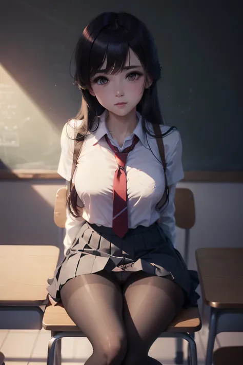 chica, sitting on a chair, crossing her legs,  school background,  school background(classroom), complete anatomy, school uniform, tie, shirt, skirt, pantyhose, blush, primera persona, Charm,  underwear, great body,   very detailed face, 8K, light and shad...