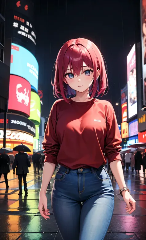  highdefinition images、Rainy night city、It's raining、1 girl、 alone、 facial details 、 maroon hair、 beautiful eyes、watching viewers、 hair between eyes、front、cowboy shot、 I closed my mouth、 facial details 、 red sweatshirt、 denim pants、Walk through the vibrant...