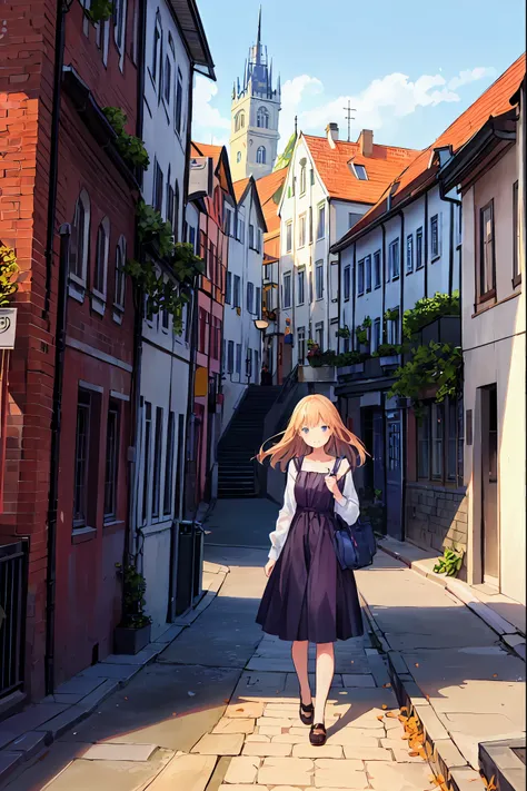 ２０ year old girl，The girl is traveling，Sunny day in Düsseldorf: On the banks of the Rhine, The Rheinturm stands out, people々stroll along the Rhine promenade, Surrounded by cafes. The center of history, Old Town, cobblestone streets with typical breweries a...