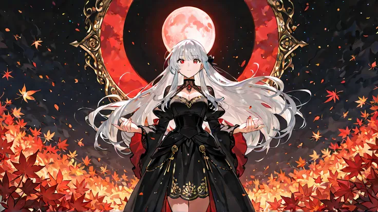 
Masterpiece, Best Quality, Top Quality, Very Detailed, Elegant anime-style woman with long silver hair and striking red eyes. She wears a luxurious red and black gothic dress with intricate golden embroidery. A full moon glows behind her, surrounded by re...