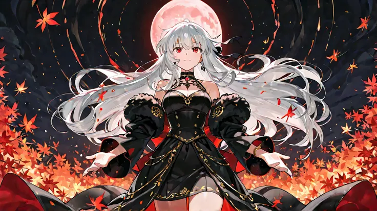 
Masterpiece, Best Quality, Top Quality, Very Detailed, Elegant anime-style woman with long silver hair and striking red eyes. She wears a luxurious red and black gothic dress with intricate golden embroidery. A full moon glows behind her, surrounded by re...