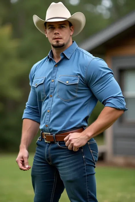  Realistic photograph , 35-year-old muscular (((athletic man))) , , View from below,  in profile, , blue Oxford shirt and very tight dark blue jeans, brown belt,  in profile, Big butt, viendo a cámara,  black eyes, in the yard, sexy man, very big butt,  ve...