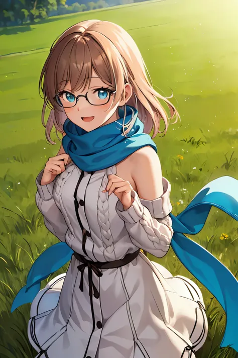 A young anime girl with bright blue eyes and a playful, mischievous smile sits in a grassy field, viewed from a high-angle perspective. She wears oversized round glasses and a loose, cozy knit sweater. A blue scarf is wrapped around her neck, gently flutte...