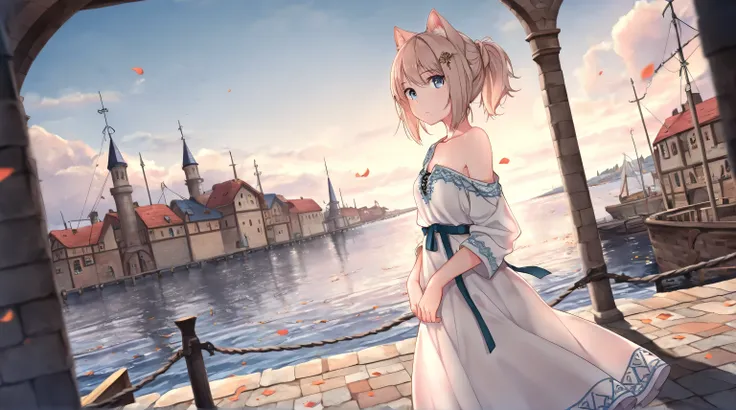 (masterpiece:1.2), (best quality:1.3), shallow_sunset, 1girl, standing, 1girl, Solo, Looking at viewer, Short Hair, ponytail, neko ears, blue Eyes, complex background, harbour, celtic, medieval, bay, Dutch Angle, Hair Ornament, Depth Of Field, hair pin, ri...