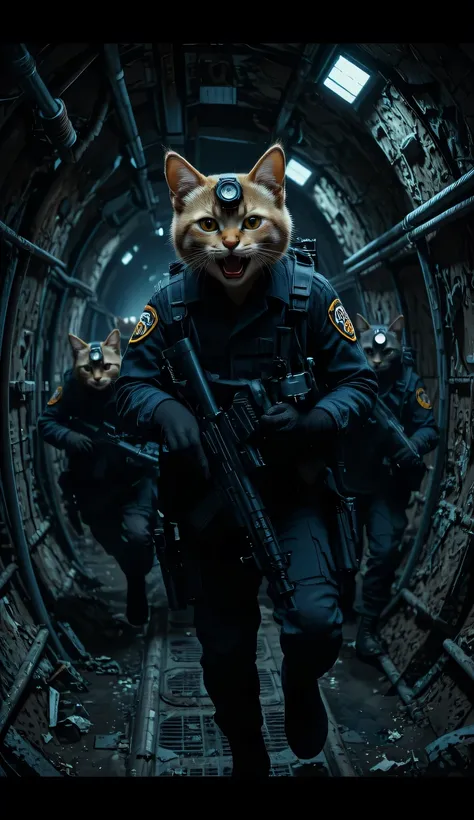 A group of cats in dark uniforms and flashlights on their heads descend underground tunnels to attack enemy troops from behind