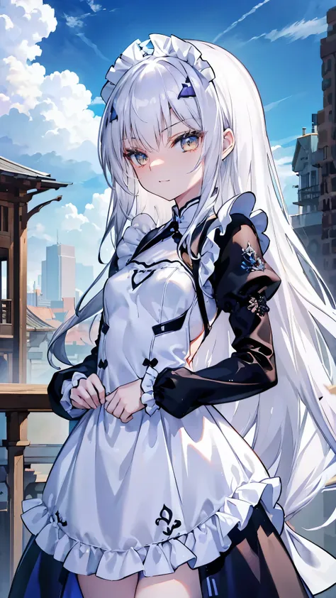 TOP QUALITY、、(Whitening skin)、 Silver Hair、 very long hair、bangs, Princess cut、Petite、slender、( Maid Outfit, frill,race,)、Western-style building,Small breasts,赤い頬