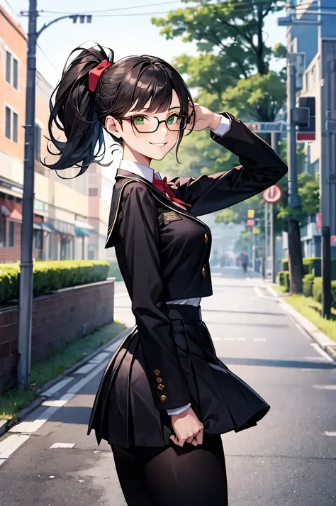 1 girl, leggings, white elite high school uniform, black skirt, glasses, smirk, athletic, tall, black ponytail, green eyes, medium breasts, school background. 