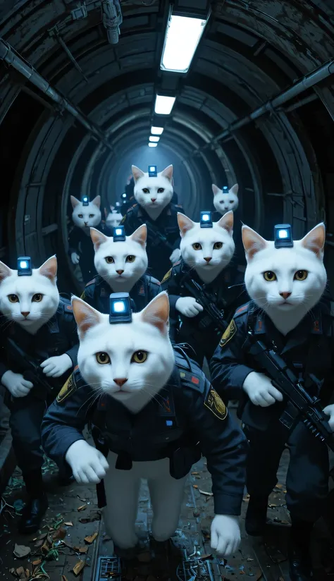 Several of white cats in dark uniforms and flashlights on their heads descend underground tunnels to attack enemy troops from behind