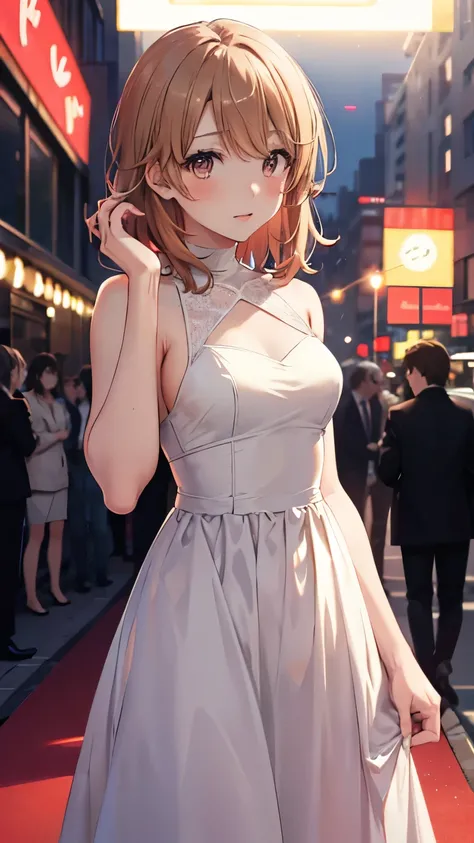 Iroha Isshiki, slender body, solo, medium Brown hair, disheveled hair, lips parted, city street, niggt, neon lights, red carpet, prom dress