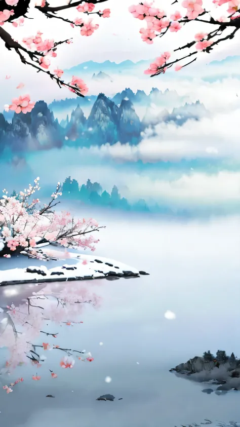 flower, snow, Mountain々, tree々, [branch, solo,  cherry blossoms,  mist, landscape, 