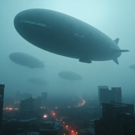 A futuristic cyberpunk scene featuring massive zeppelins drifting ominously through a misty, fog-filled sky. Their large, cylindrical shapes are outlined by flickering red and blue lights, and they slowly cruise over a neon-lit metropolis below. The zeppel...