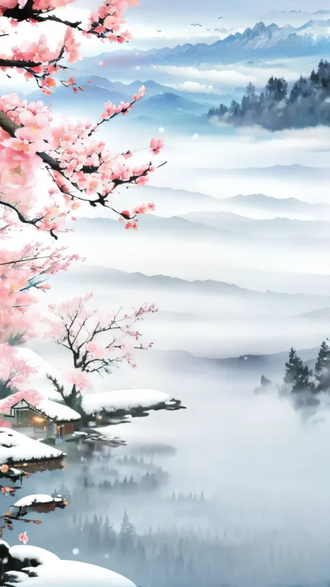 flower, snow, Mountain々, tree々, [branch, solo,  cherry blossoms,  mist, landscape, 