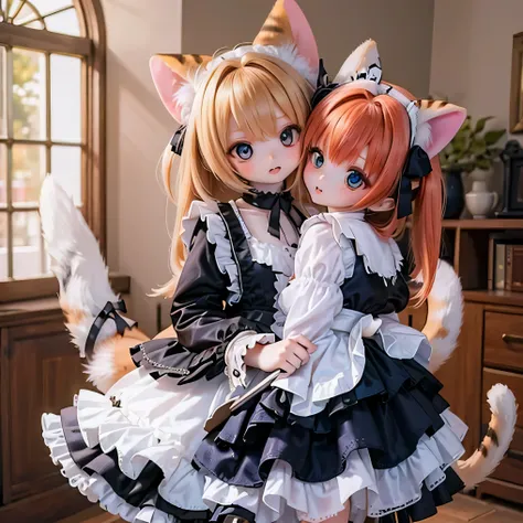                serval catgirl cat ears and tail                         , chubby and             it's cute ,                 it's cute  ,                  use swords in a photorealistic way     , 4K,                         Crimson hair is very smooth     ...