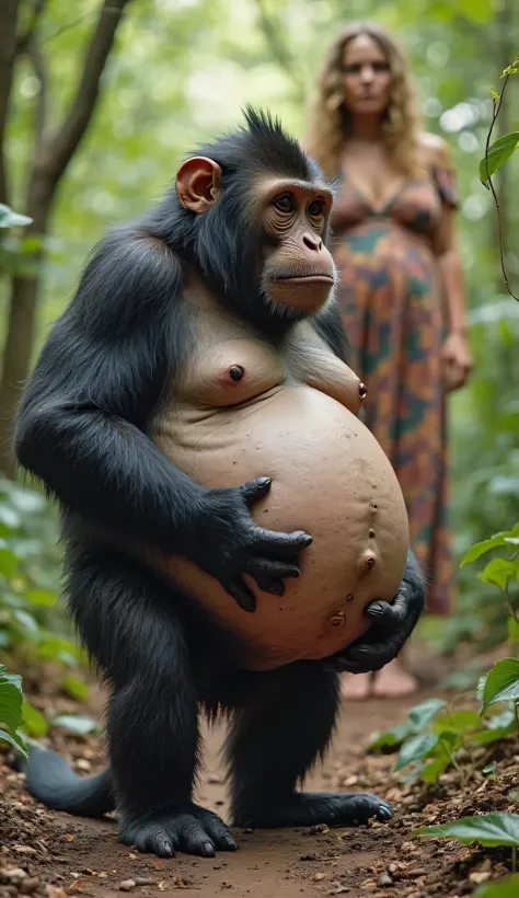 "A pregnant large monkey is standing on a jungle path with its hand on its belly, and the swollen belly is very large and bloated. Behind the monkey, a woman is standing and observing the scene, which looks completely realistic."