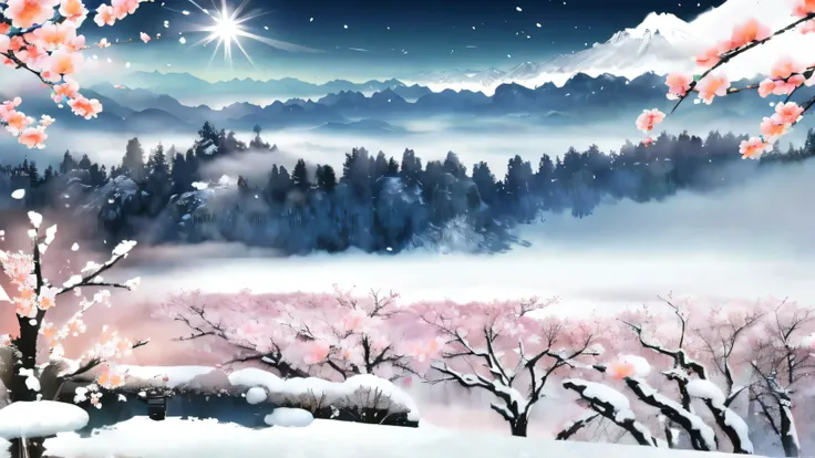 flower, snow, Mountain々, tree々, [branch, solo,  cherry blossoms,  mist, landscape, 